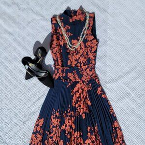 Nanette Lepore Navy Floral Mock Neck Sleeveless Smocked Midi Dress Size 2
